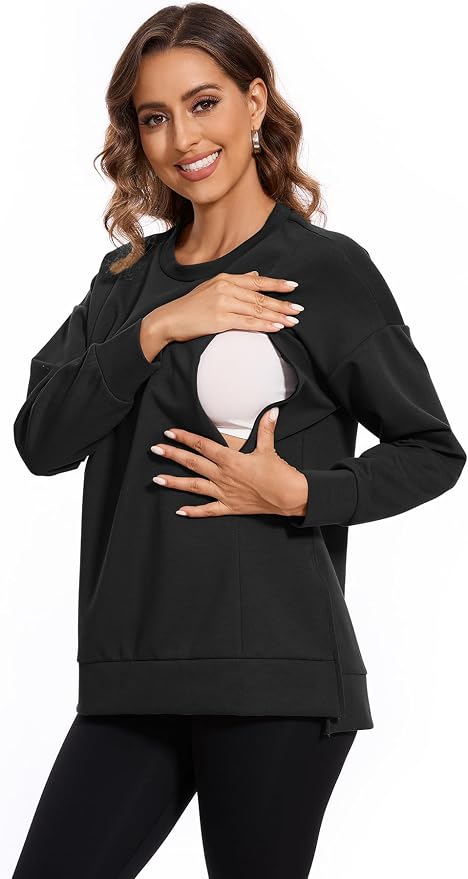 Smallshow Women's Nursing Tops Sweatshirt Long Sleeve Side Split Breastfeeding - Image 2