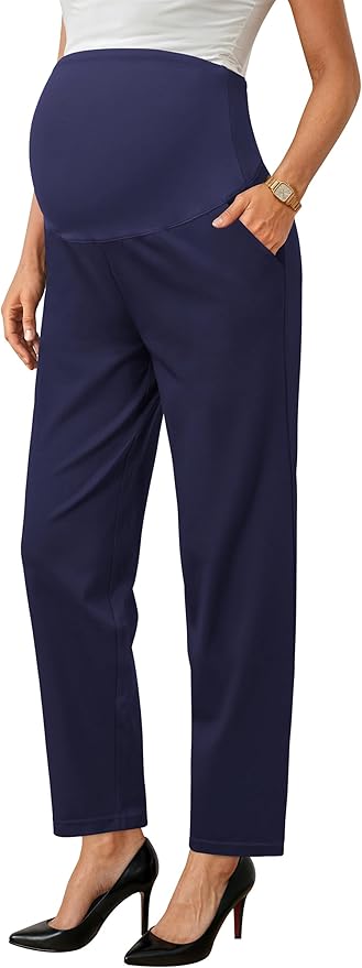 OUGES Womens Stretchy Maternity Over Belly Casual Work Straight Leg Pants Ankle by OUGES