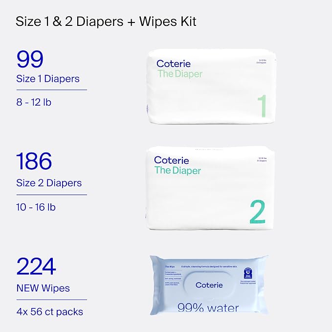 Coterie Baby Wipes + Diapers Kit, Size 1 & Size 2 Diapers, 4 Pack Baby Wipes - Image 2