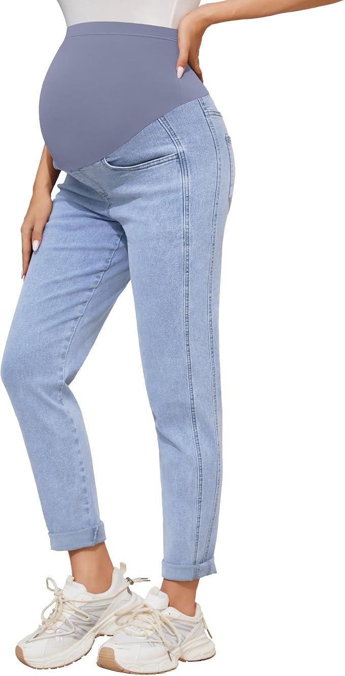 POSHGLAM Women's Maternity Jeans Over Belly Comfy Stretch 28'' Boyfriend Jeans by POSHGLAM