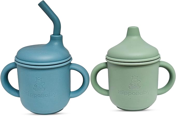 Silicone Transition Sippy Cup for 6+ month old | Includes 1 Toddler straw cup & by HippoBaby