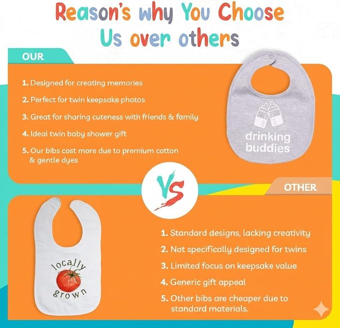 100% Cotton Drinking Buddies Twin Bibs Cute & Practical Unisex Bibs - Image 7