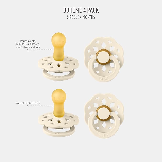 BIBS Boheme Pacifier 4-Pack. BPA Free Dummy Pacifier, Round Nipple. Natural - Image 2