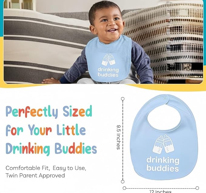 100% Cotton Drinking Buddies Twin Bibs Cute & Practical Unisex Bibs - Image 6
