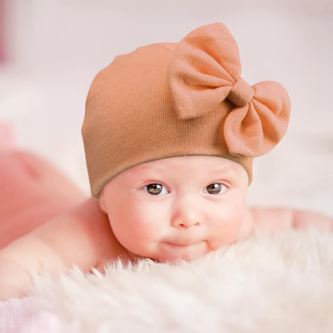 BQUBO Newborn Baby Girls Hats Mittens Set Hospital Hat Beanie Infant Bow Hats - Image 2
