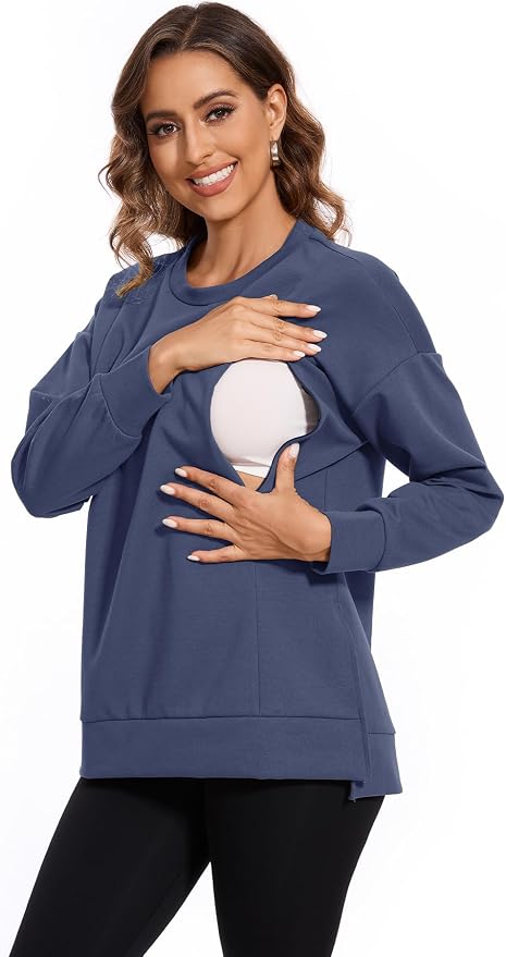Smallshow Women's Nursing Tops Sweatshirt Long Sleeve Side Split Breastfeeding - Image 2