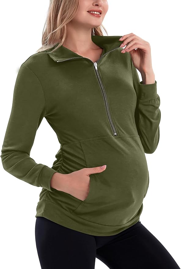 GINKANA Maternity Women's Long Sleeve Shirt Half Zipper Lapel Lightweight by GINKANA
