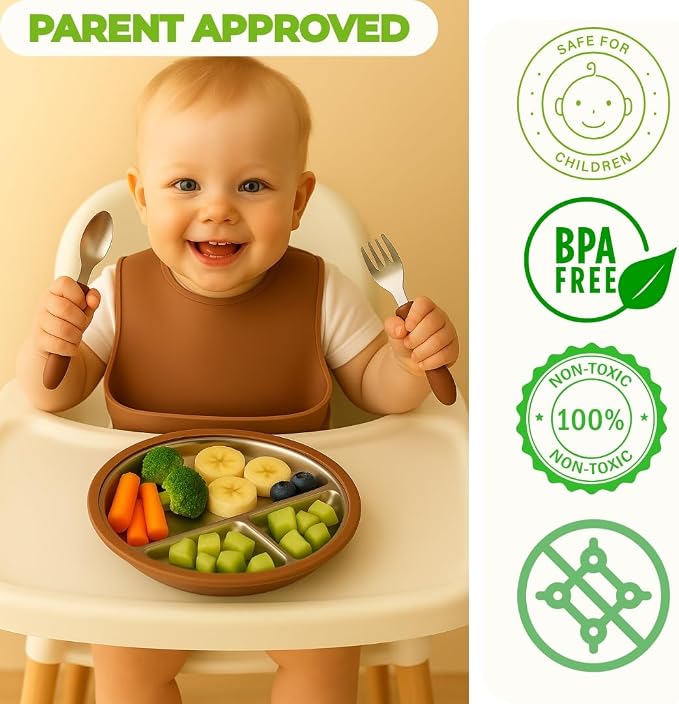 Stainless Steel Toddler Feeding Set 4 Pieces – Suction Plate, Silicone Bib - Image 2