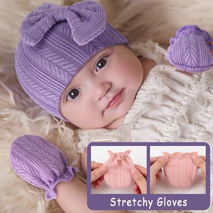 BQUBO Newborn Baby Hats Mittens Set Hospital Hat Beanie Infant Bow Hats Baby - Image 3
