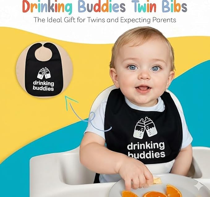 100% Cotton Drinking Buddies Twin Bibs Cute & Practical Unisex Bibs - Image 2