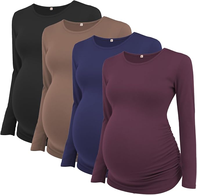 Ecavus Women's Maternity Shirts Long Sleeve Soft Stretchy Pregnancy Tops Side by Ecavus