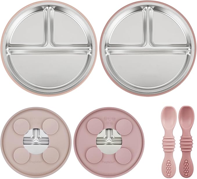 PandaEar Baby Feeding Set 4 Pcs, 2 Pack Stainless Steel Suction Plates & 2 Pack by PandaEar