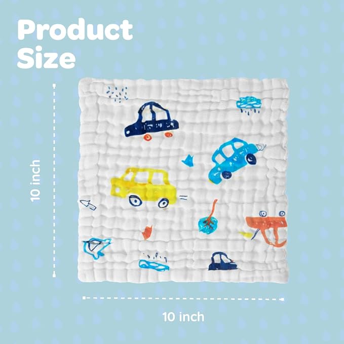 Muslin Baby Washcloths Baby Wipes Newborn Pack of 7-Car Patten, Absorbent Baby - Image 6