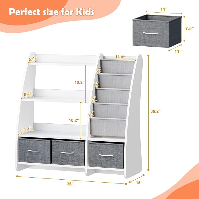 White Kids Bookshelf Wood Toy Storage Organizer Cabinet Children Bookcase - Image 2