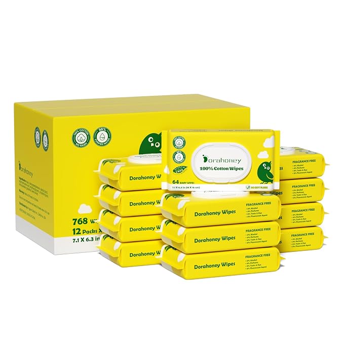 100% USA Cotton Baby Wipes for Sensitive Skin, 99% Purified Water Unscented Wet by DORAHONEY