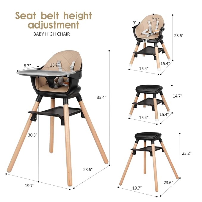 6 in 1 Baby High Chair, Convertible Wooden High Chairs/Booster Seat - Image 6