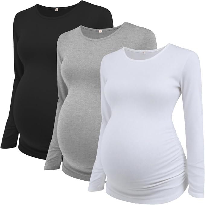 Ecavus Women's Maternity Shirts Long Sleeve Soft Stretchy Pregnancy Tops Side by Ecavus