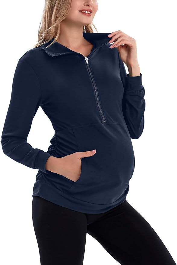 GINKANA Maternity Women's Long Sleeve Shirt Half Zipper Lapel Lightweight by GINKANA