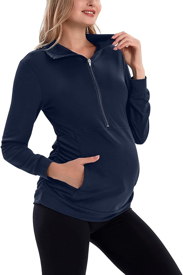 GINKANA Maternity Women's Long Sleeve Shirt Half Zipper Lapel Lightweight by GINKANA