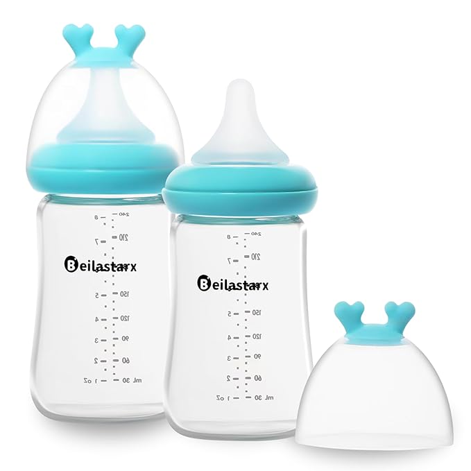 Glass Baby Bottles with Natural Response Nipple Size M by Beilastar-x