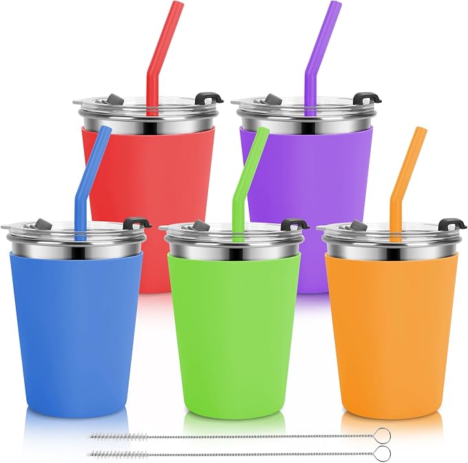 Kids Cups with Straws and Lids, 5 Pack 12oz Spill Proof Toddlers Straws Tumbler by Vermida