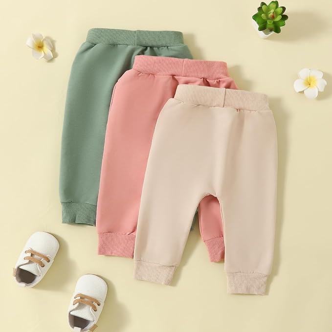 Sejardin Toddler Baby Boy Girl Pants 3 Pack Solid Color Elastic Waist Jogger - Image 3