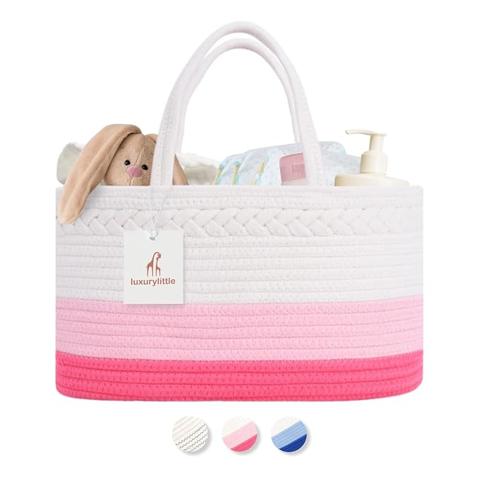 Baby Diaper Caddy Organizer, Extra Large Cotton Rope Nursery Diaper Basket by LuxuryLittle