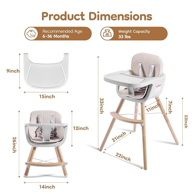 High Chairs for Babies and Toddlers, 3 in 1 Convertible Wooden highchair - Image 3