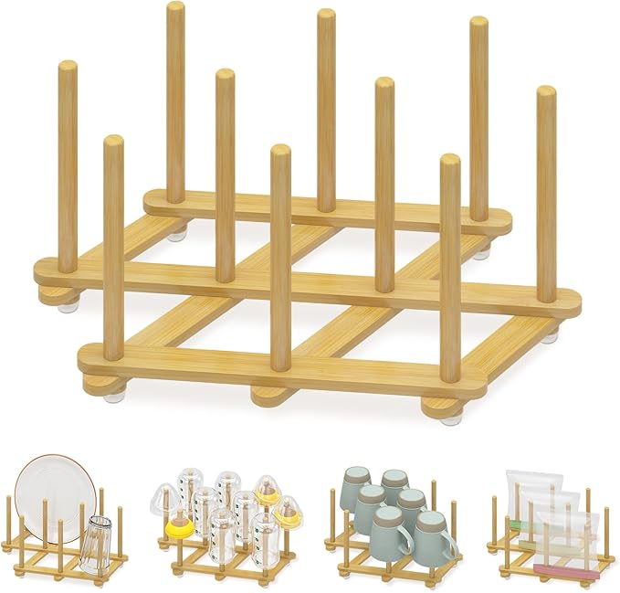 EsLuker.ly Baby Bottle Drying Rack Bamboo Vertical Dryer Holder, Foldable Space by EsLukerly