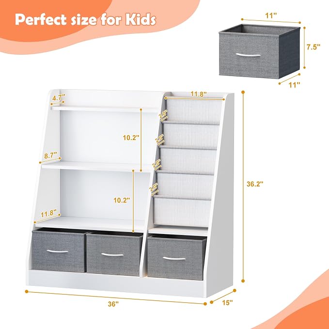White Kids Bookshelf Wood Toy Storage Organizer Cabinet Children Bookcase - Image 2