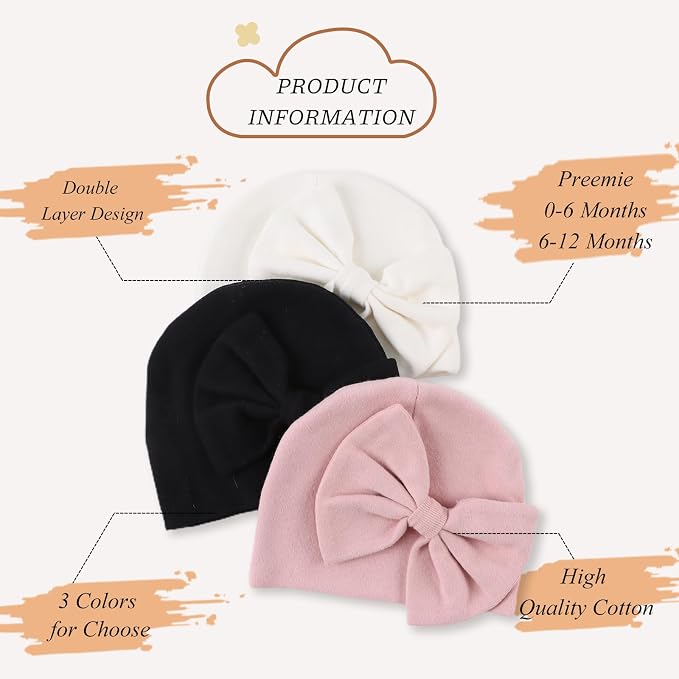 Bamery Newborn Baby Girl Hat Cotton Baby Bow Beanie Preemie Hats Spring Infant - Image 2