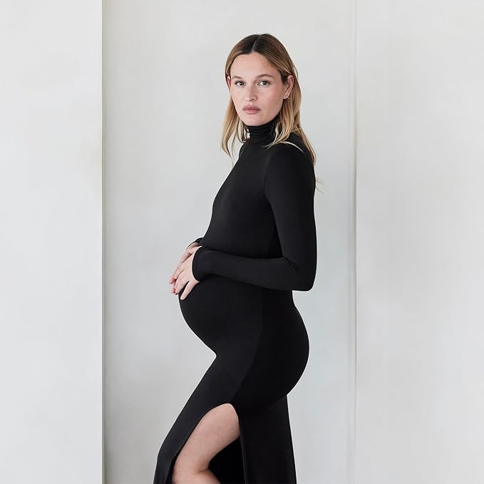 BUMPSUIT Maternity Maxi Dress Thigh High Slit, Women Long Sleeve Soft - Image 3