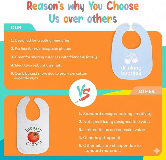 100% Cotton Drinking Buddies Twin Bibs Cute & Practical Unisex Bibs - Image 7