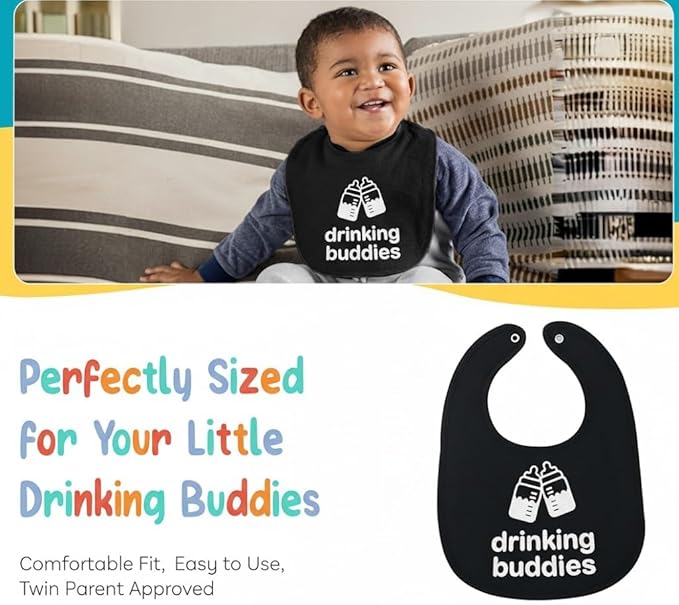 100% Cotton Drinking Buddies Twin Bibs Cute & Practical Unisex Bibs - Image 5