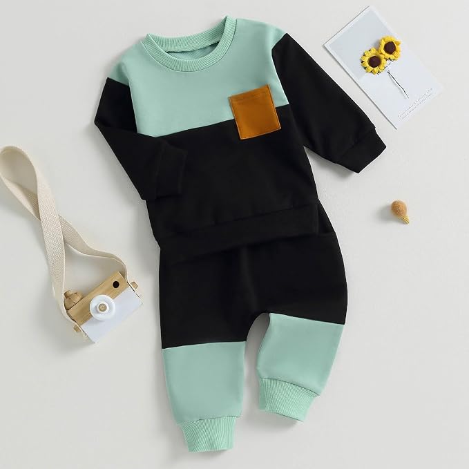 Toddler Baby Boy Fall Clothes Waffle Contrast Color Sweatshirt Pants Sets - Image 3
