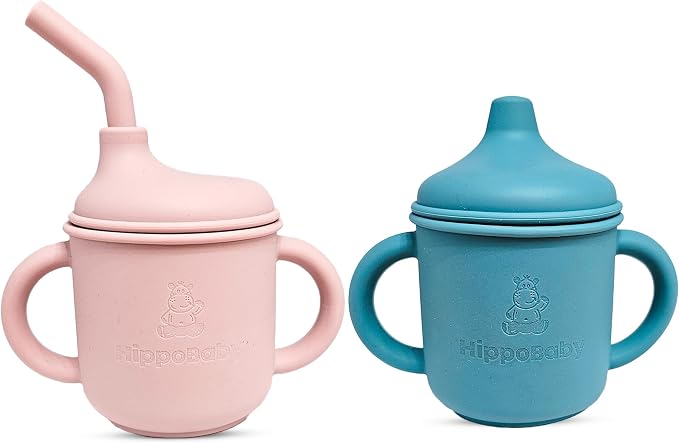 Silicone Transition Sippy Cup for 6+ month old | Includes 1 Toddler straw cup & by HippoBaby