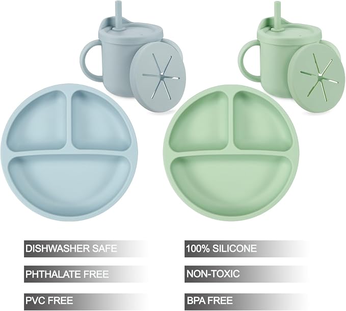 PandaEar Silicone Baby Feeding Set| 2 Pack Silicone Divided Suction Plate and 2 - Image 2