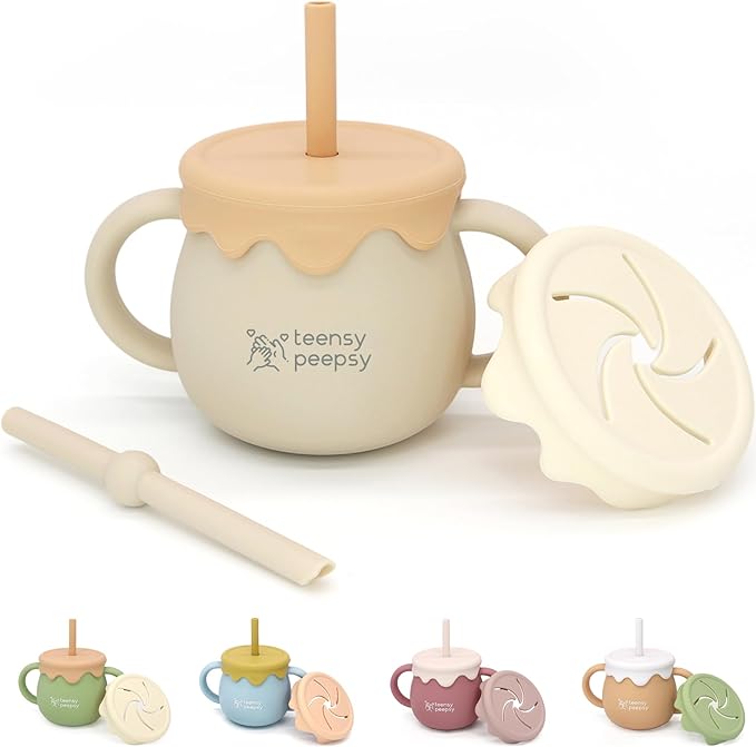 Honey Jar Pot 3-in-1 Silicone Training Cup 8.5oz, Unisex Baby Sippy Cup by teensypeepsy