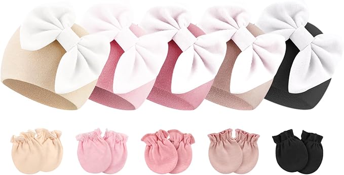 BQUBO Newborn Baby Girls Hats Mittens Set Hospital Hat Beanie Infant Bow Hats by DRESHOW