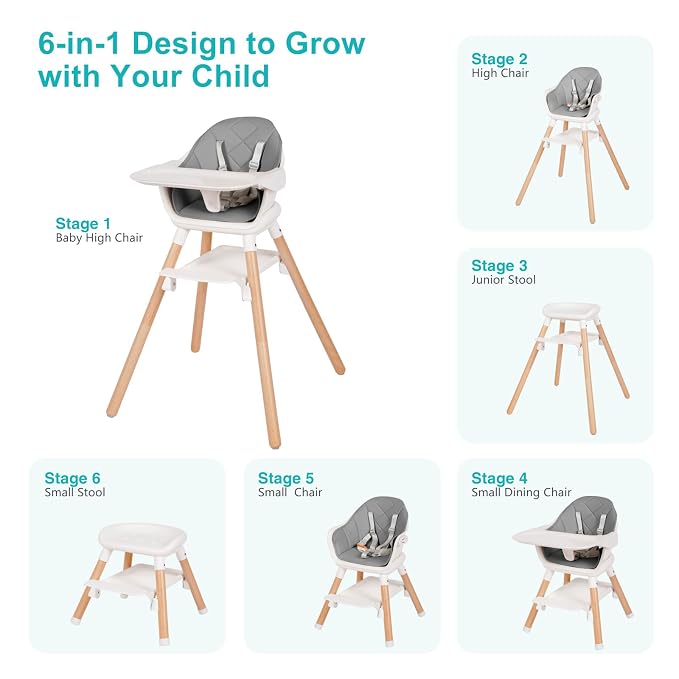 High Chair, 6 in 1 Wooden Convertible High Chairs - Image 2