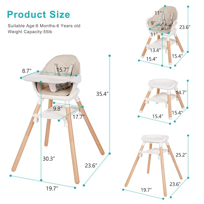 High Chair, 6 in 1 Wooden Convertible High Chairs - Image 7