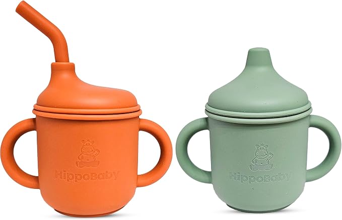 Silicone Transition Sippy Cup for 6+ month old | Includes 1 Toddler straw cup & by HippoBaby