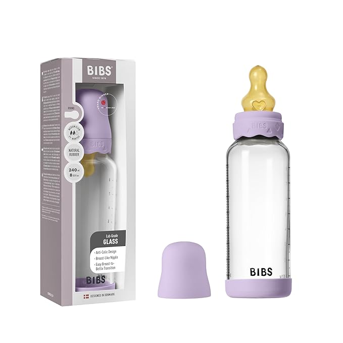 BIBS Boheme Baby Glass Bottle 8 oz /240 ml. Anti-Colic. Round Natural Rubber by BIBS