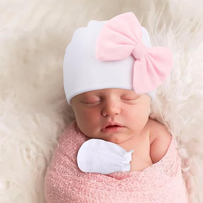 BQUBO Newborn Baby Girls Hats Mittens Set Hospital Hat Beanie Infant Bow Hats - Image 3