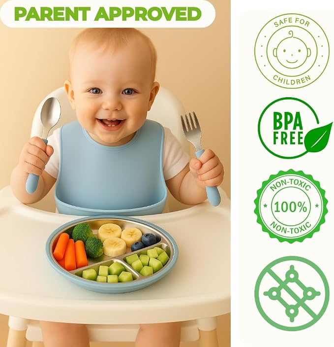 Stainless Steel Toddler Feeding Set 4 Pieces – Suction Plate, Silicone Bib - Image 2