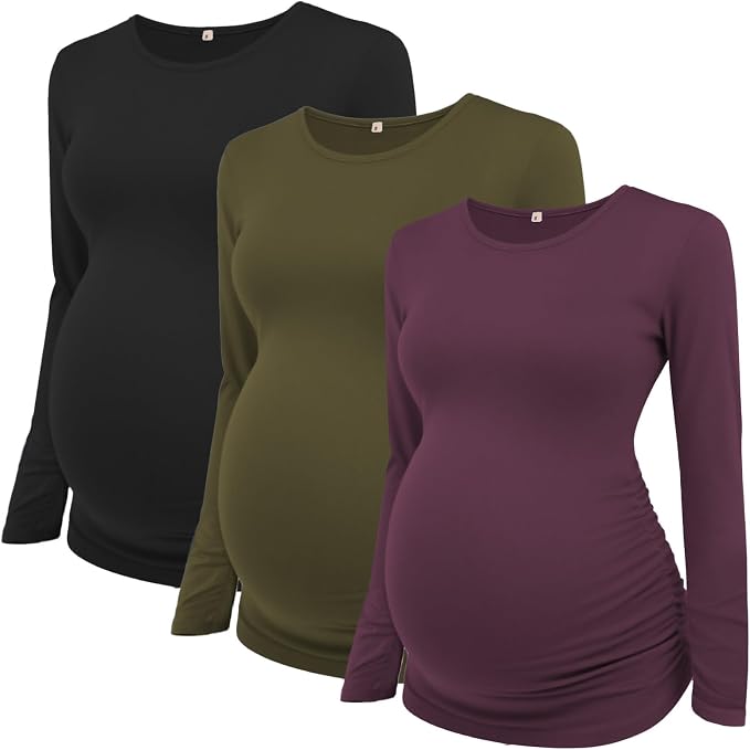 Ecavus Women's Maternity Shirts Long Sleeve Soft Stretchy Pregnancy Tops Side by Ecavus