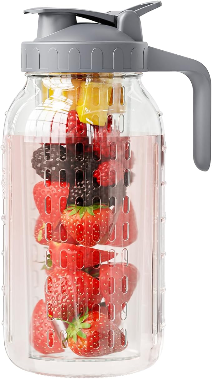 Fruit Infuser Water Pitcher, Glass Mason Jar Pitcher, 64oz Wide Mouth Jug by KOIKEY