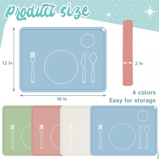Zhehao 4 Pcs Montessori Kids Placemat 16 x 12'' Non Slip Baby Silicone Placemats - Image 2