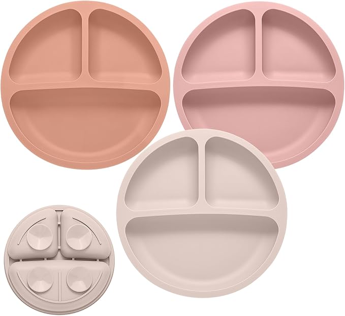 Toddler Plates, 3 Pack Divided Suction Plates by Eascrozn
