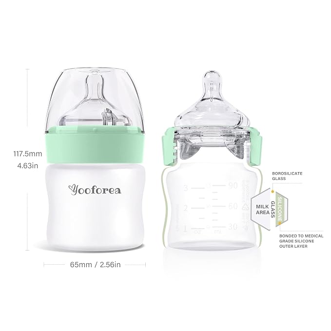 Yooforea Silicone Coated Glass Baby Bottle, 0M+ Slow Flow Nipple I Anti-Colic - Image 2